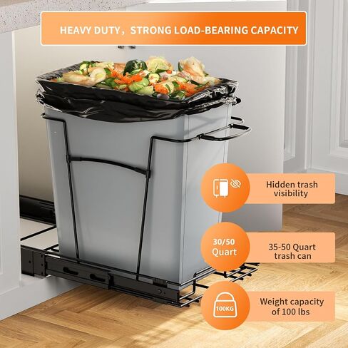 Pull Out Trash Can for Kitchen Cabinets, 35 Qt Under Sink Garbage Bin with Full Extension Slides, Fits 13" W x 18" D Opening Cabinets, Heavy-Duty Black Steel Organizer (Trash Can Not Included) in Kuwait