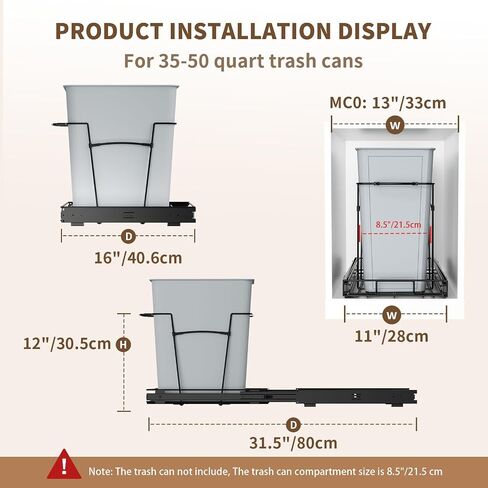 Pull Out Trash Can for Kitchen Cabinets, 35 Qt Under Sink Garbage Bin with Full Extension Slides, Fits 13" W x 18" D Opening Cabinets, Heavy-Duty Black Steel Organizer (Trash Can Not Included) in Kuwait