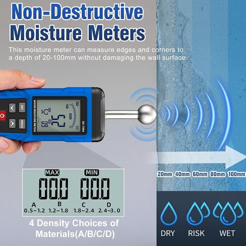 Moisture Meter, Wood Moisture Meter Rechargeable for Drywall Measurement, Pinless Moisture Meter with 20-100mm Measuring Depth for Detecting Humidity Level in Walls, Lumber, Masonry (Blue) in Kuwait