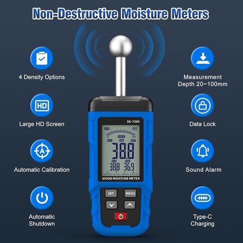 Moisture Meter, Wood Moisture Meter Rechargeable for Drywall Measurement, Pinless Moisture Meter with 20-100mm Measuring Depth for Detecting Humidity Level in Walls, Lumber, Masonry (Blue) in Kuwait