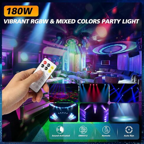 RGBW Moving Head LED Stage Light, 180W 6 Rotating Arms with Center RGBW Light, DMX512 Auto Sound Active Master-Slave Remote, Party Lighting for DJ Wedding Club Events in Kuwait