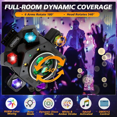 RGBW Moving Head LED Stage Light, 180W 6 Rotating Arms with Center RGBW Light, DMX512 Auto Sound Active Master-Slave Remote, Party Lighting for DJ Wedding Club Events in Kuwait