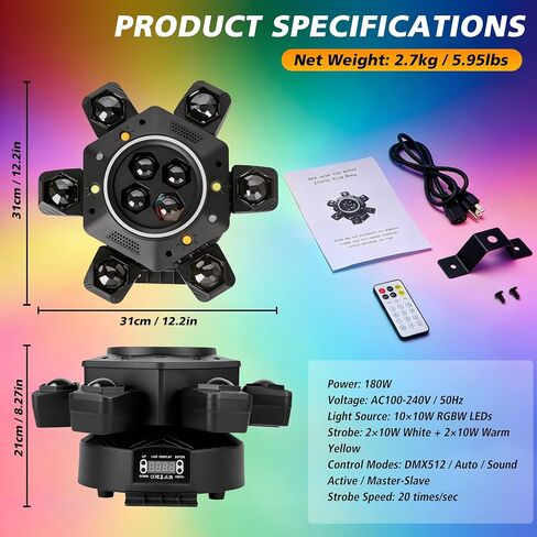 RGBW Moving Head LED Stage Light, 180W 6 Rotating Arms with Center RGBW Light, DMX512 Auto Sound Active Master-Slave Remote, Party Lighting for DJ Wedding Club Events in Kuwait