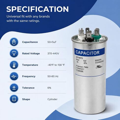 97F9970 50/5 uF 50+5 MFD 370/440VAC Round Dual Run AC Capacitor C3505R for Condenser Fan Motor Compressor in Kuwait