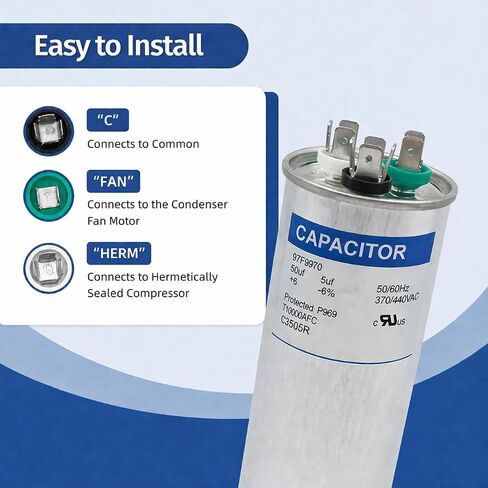 97F9970 50/5 uF 50+5 MFD 370/440VAC Round Dual Run AC Capacitor C3505R for Condenser Fan Motor Compressor in Kuwait