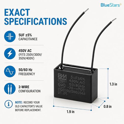 CBB61 5uf 2-Wire 250V 450V AC مكثف مروحة السقف من BlueStars - مولد محرك مضخة المروحة الكهربائية - 50/60 هرتز - متوافق مع 400/350 300 250VAC مكثف توصيل الطاقة الكهربائية in Kuwait