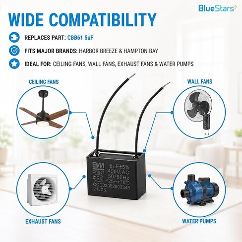 CBB61 5uf 2-Wire 250V 450V AC مكثف مروحة السقف من BlueStars - مولد محرك مضخة المروحة الكهربائية - 50/60 هرتز - متوافق مع 400/350 300 250VAC مكثف توصيل الطاقة الكهربائية in Kuwait