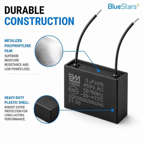 CBB61 5uf 2-Wire 250V 450V AC مكثف مروحة السقف من BlueStars - مولد محرك مضخة المروحة الكهربائية - 50/60 هرتز - متوافق مع 400/350 300 250VAC مكثف توصيل الطاقة الكهربائية in Kuwait