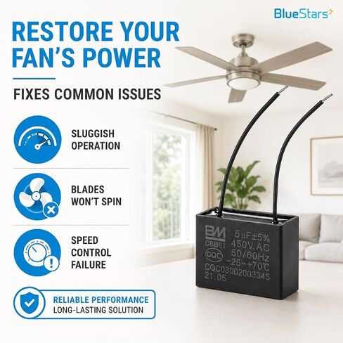 CBB61 5uf 2-Wire 250V 450V AC مكثف مروحة السقف من BlueStars - مولد محرك مضخة المروحة الكهربائية - 50/60 هرتز - متوافق مع 400/350 300 250VAC مكثف توصيل الطاقة الكهربائية in Kuwait