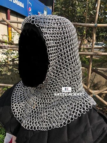 Nautical-Mart Chain Mail Hood Coif رقبة دائرية، إعادة تمثيل دور Chainmail LARP باللون الفضي in Kuwait