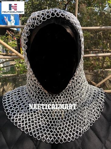 Nautical-Mart Chain Mail Hood Coif رقبة دائرية، إعادة تمثيل دور Chainmail LARP باللون الفضي in Kuwait
