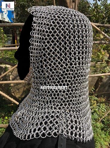Nautical-Mart Chain Mail Hood Coif رقبة دائرية، إعادة تمثيل دور Chainmail LARP باللون الفضي in Kuwait