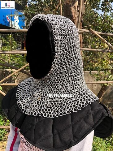 Nautical-Mart Chain Mail Hood Coif رقبة دائرية، إعادة تمثيل دور Chainmail LARP باللون الفضي in Kuwait