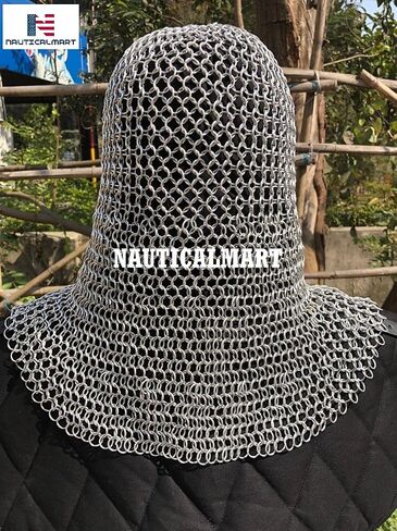 Nautical-Mart Chain Mail Hood Coif رقبة دائرية، إعادة تمثيل دور Chainmail LARP باللون الفضي in Kuwait