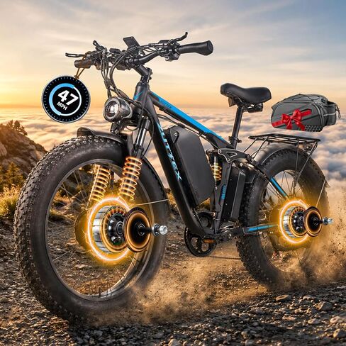 9000 واط الذروة محرك مزدوج Ebike 58 فولت ماكس الناتج 36AH بطارية دراجة كهربائية | أعلى 47 ميلا في الساعة Ebike للبالغين | التعليق الكامل | دراجة E بإطار سميك مقاس 24 بوصة | 7 سرعات | دراجة جبلية للركاب على الطرق الوعرة in Kuwait