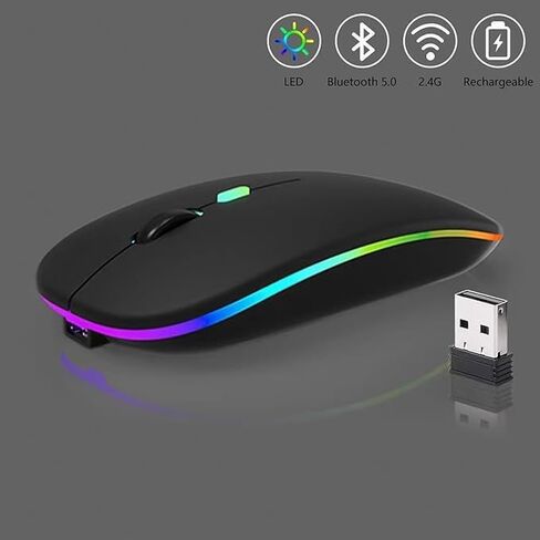 Wireless Bluetooth Mouse Rechargeable Laptop Mice with LED Lights Silent Slim Use(BT5.2 and 2.4G Portable USB) Dual Mode Computer Mouse for Laptop/iPad/Tablet/Apple/Computer/Mac (Black) in Saudi Arabia