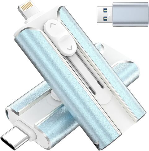 محرك أقراص فلاش USB سعة 64 جيجابايت معتمد من MFI لأجهزة iPhone وiPad وAndroid والكمبيوتر الشخصي، عصا ذاكرة USB للصور/الفيديو، محرك فلاش خارجي لحفظ الصور (المساحة المتوفرة: ~58 جيجابايت)، أزرق in Kuwait