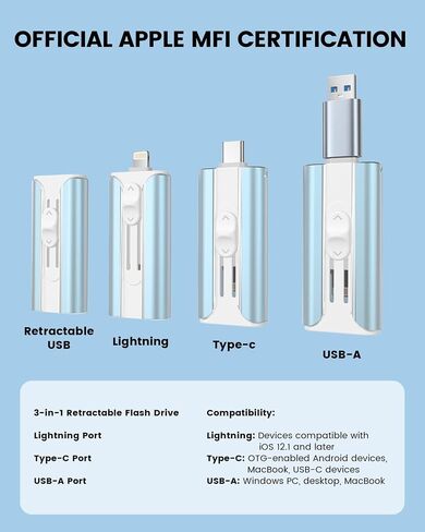محرك أقراص فلاش USB سعة 64 جيجابايت معتمد من MFI لأجهزة iPhone وiPad وAndroid والكمبيوتر الشخصي، عصا ذاكرة USB للصور/الفيديو، محرك فلاش خارجي لحفظ الصور (المساحة المتوفرة: ~58 جيجابايت)، أزرق in Kuwait