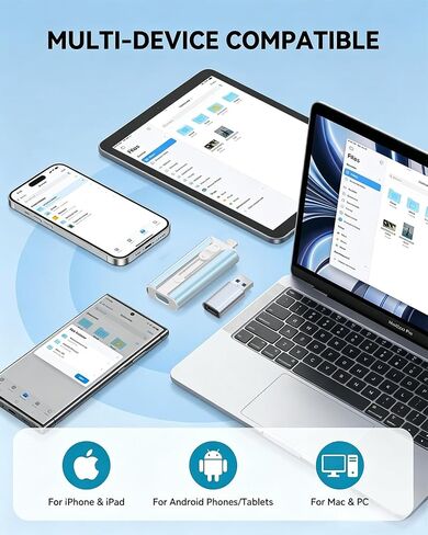محرك أقراص فلاش USB سعة 64 جيجابايت معتمد من MFI لأجهزة iPhone وiPad وAndroid والكمبيوتر الشخصي، عصا ذاكرة USB للصور/الفيديو، محرك فلاش خارجي لحفظ الصور (المساحة المتوفرة: ~58 جيجابايت)، أزرق in Kuwait
