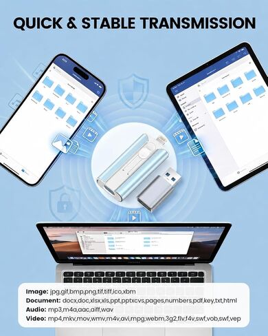 محرك أقراص فلاش USB سعة 64 جيجابايت معتمد من MFI لأجهزة iPhone وiPad وAndroid والكمبيوتر الشخصي، عصا ذاكرة USB للصور/الفيديو، محرك فلاش خارجي لحفظ الصور (المساحة المتوفرة: ~58 جيجابايت)، أزرق in Kuwait