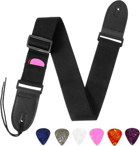 Guitar Strap, Adjustable Acoustic Bass Guitar Straps and 10 Picks Vintage Cross Woven Leather Ends with Pick Pocket for Electric Guitars (Black) in Kuwait