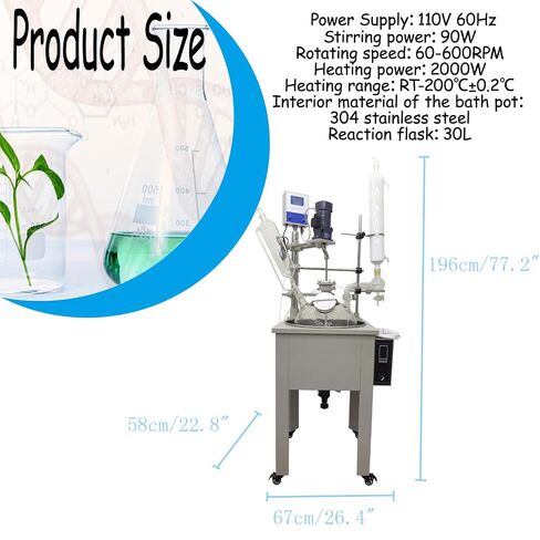 30L Single Layer Lab Reactor with High Borosilicate Glass & PTFE Valves 110V Constant Temperature Control Lab Glass Reactor Chemical Jacketed Reactor Vessel for Lab Reaction Distillation in Saudi Arabia