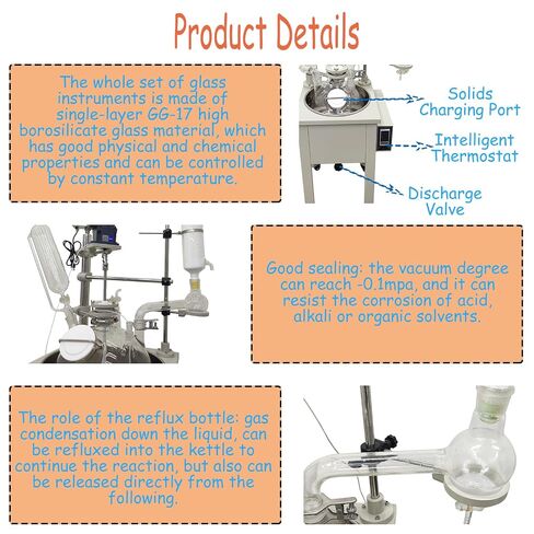 30L Single Layer Lab Reactor with High Borosilicate Glass & PTFE Valves 110V Constant Temperature Control Lab Glass Reactor Chemical Jacketed Reactor Vessel for Lab Reaction Distillation in Saudi Arabia