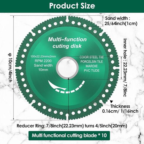10 Pack 4 Inch Cutting Discs for Angle Grinder 7/8'' Arbor, Max 13,000 RPM, Smooth Cutting in Seconds, Multifunctional Cutting Saw Blade for Ceramic Tile Metal Wood (Green) in Kuwait