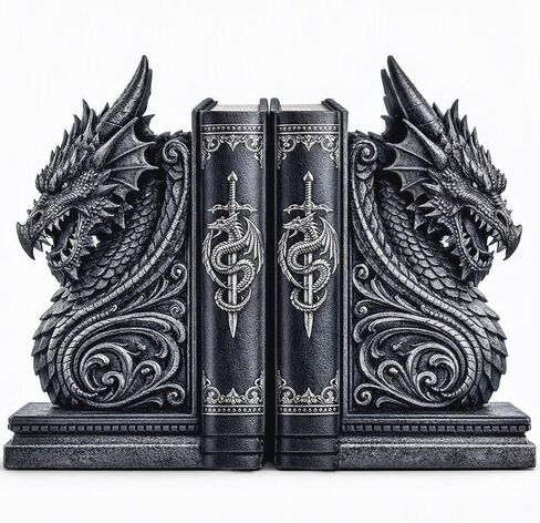 Bellaa 25617 Decorative Bookends Dragons Gothic Midieval Castle Mystic Vintage Book Ends Holder Heavy Stoppers Bookshelf Shelves to Hold Books Library Shelf Dividers Home Decor in Kuwait