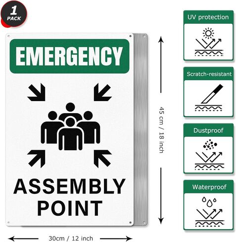 Emergency Assembly Point Sign with Pre-Drilled Holes 18 × 12 Inches Reflective Aluminum Waterproof Signage for Warehouse School Hospital in Kuwait