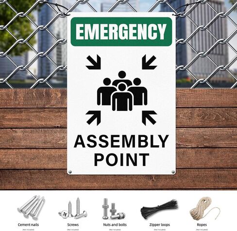 Emergency Assembly Point Sign with Pre-Drilled Holes 18 × 12 Inches Reflective Aluminum Waterproof Signage for Warehouse School Hospital in Kuwait