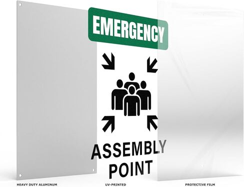 Emergency Assembly Point Sign with Pre-Drilled Holes 18 × 12 Inches Reflective Aluminum Waterproof Signage for Warehouse School Hospital in Kuwait