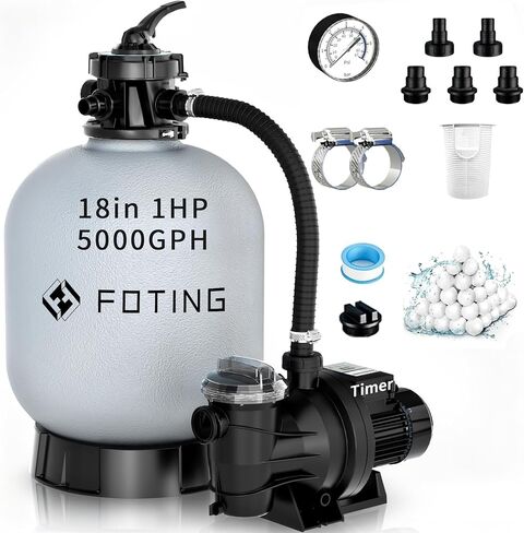 2026New Sand Filter Pump with Timer for Above Ground Pool, Pool Pumps Above Ground with 6-Way Valve, Pool Sand Filter for Efficient Circulation & Filtration, 18in in Kuwait