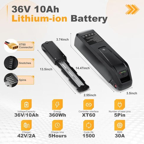 36V 10.4Ah Power Pack – 30A BMS, 5-Pin Base, USB Port, Power Switch, Indicator Light & Safety Lock Compatible with 0–750W Ebike Motors in Kuwait