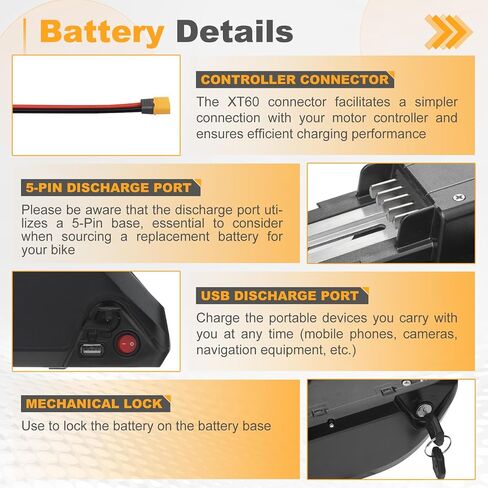36V 10.4Ah Power Pack – 30A BMS, 5-Pin Base, USB Port, Power Switch, Indicator Light & Safety Lock Compatible with 0–750W Ebike Motors in Kuwait