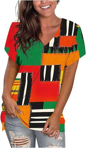 قمصان نسائية برقبة على شكل V أفريقية Dashiki عتيقة بأكمام قصيرة فضفاضة وقبلية مطبوعة تونك علوية صيفية أنيقة بلوزات غير رسمية in Kuwait