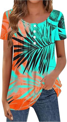 Tunic Tops for Women Loose Fit Dressy Casual Blouses Summer Short Sleeve Flowy Henley Shirts Floral Pleated Boho Top in Kuwait