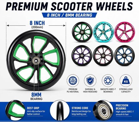 Nattork 2-Pack 200mm Scooter Replacement Wheels - 8-Inch scooter Wheels for teens kids and adult Green color in Kuwait