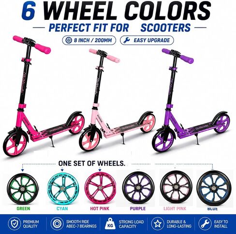 Nattork 2-Pack 200mm Scooter Replacement Wheels - 8-Inch scooter Wheels for teens kids and adult Green color in Kuwait