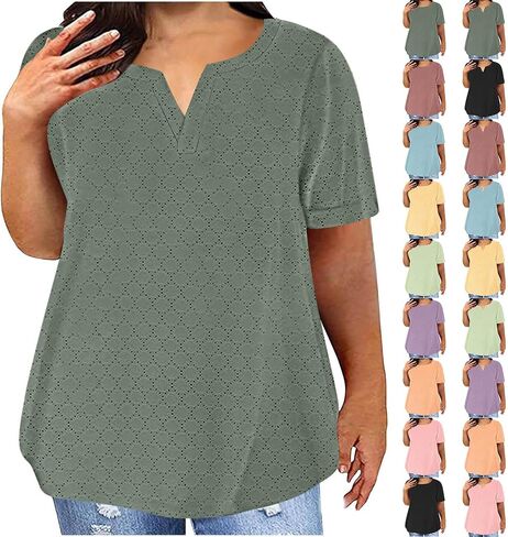 Plus Size Tops for Women Notch V Neck Eyelets Tshirts Summer Short Sleeve Tee Casual Loose Tunic Tops Soft Basic Shirts in Kuwait
