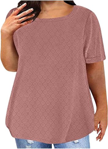 Plus Size Tops for Women Notch V Neck Eyelets Tshirts Summer Short Sleeve Tee Casual Loose Tunic Tops Soft Basic Shirts in Kuwait