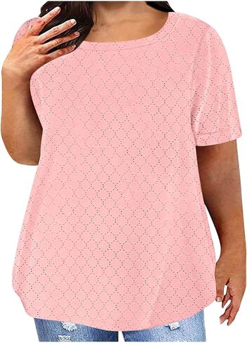 Plus Size Tops for Women Notch V Neck Eyelets Tshirts Summer Short Sleeve Tee Casual Loose Tunic Tops Soft Basic Shirts in Kuwait
