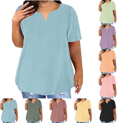 Plus Size Tops for Women Notch V Neck Eyelets Tshirts Summer Short Sleeve Tee Casual Loose Tunic Tops Soft Basic Shirts in Kuwait