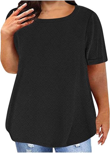 Plus Size Tops for Women Notch V Neck Eyelets Tshirts Summer Short Sleeve Tee Casual Loose Tunic Tops Soft Basic Shirts in Kuwait