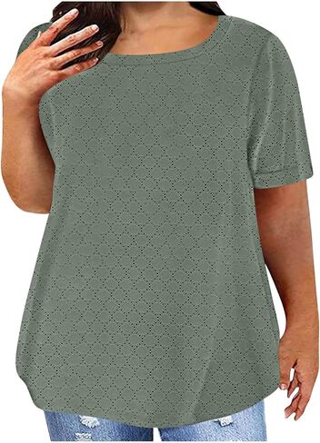 Plus Size Tops for Women Notch V Neck Eyelets Tshirts Summer Short Sleeve Tee Casual Loose Tunic Tops Soft Basic Shirts in Kuwait