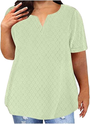 Plus Size Tops for Women Notch V Neck Eyelets Tshirts Summer Short Sleeve Tee Casual Loose Tunic Tops Soft Basic Shirts in Kuwait