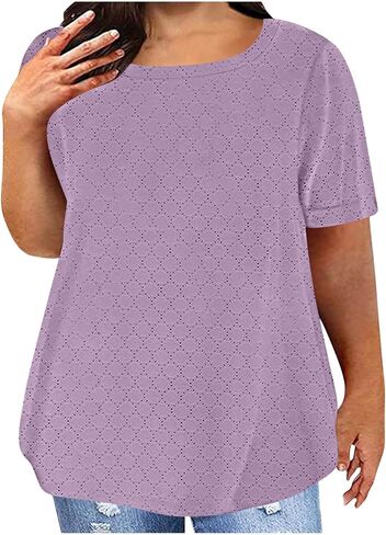 Plus Size Tops for Women Notch V Neck Eyelets Tshirts Summer Short Sleeve Tee Casual Loose Tunic Tops Soft Basic Shirts in Kuwait