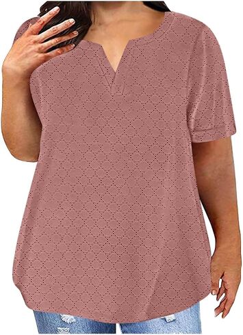 Plus Size Tops for Women Notch V Neck Eyelets Tshirts Summer Short Sleeve Tee Casual Loose Tunic Tops Soft Basic Shirts in Kuwait