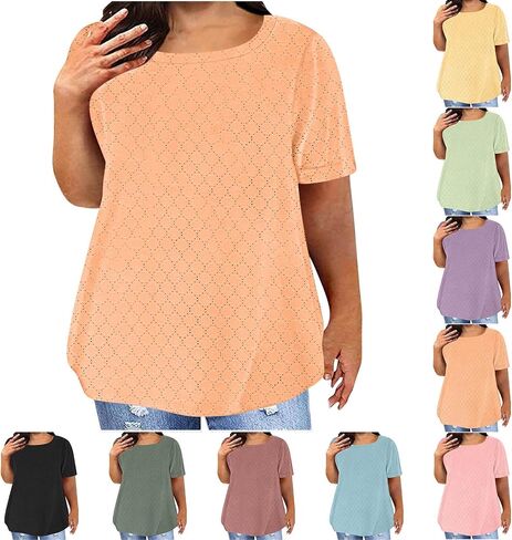 Plus Size Tops for Women Notch V Neck Eyelets Tshirts Summer Short Sleeve Tee Casual Loose Tunic Tops Soft Basic Shirts in Kuwait