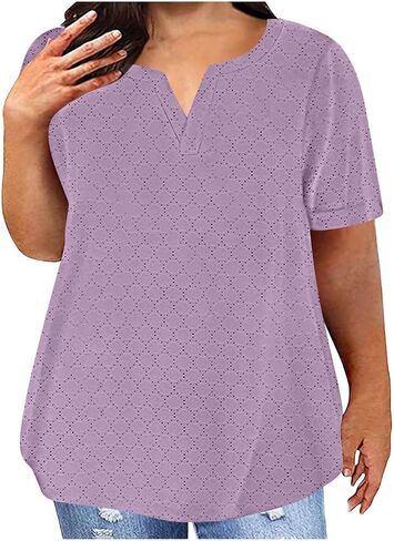 Plus Size Tops for Women Notch V Neck Eyelets Tshirts Summer Short Sleeve Tee Casual Loose Tunic Tops Soft Basic Shirts in Kuwait